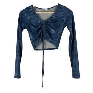 Fashion Nova Crop Top Womens S Ruched Faux Denim Long Sleeve V-Neck Y2K E-Girl